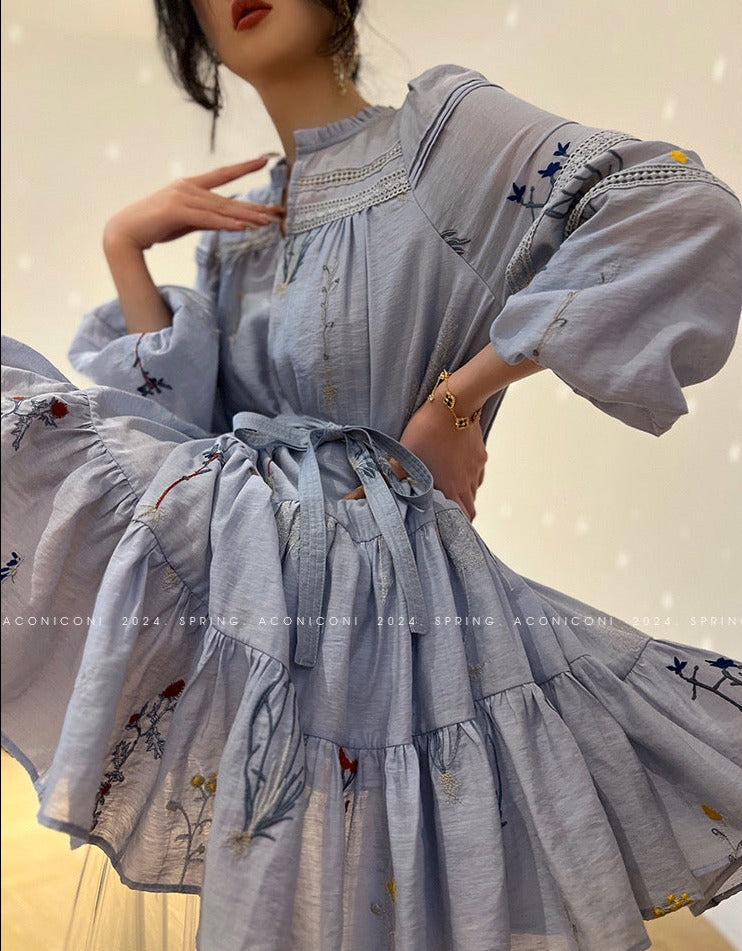 Aconiconi|Blue Hibiscus  Embroidery Linen Dress