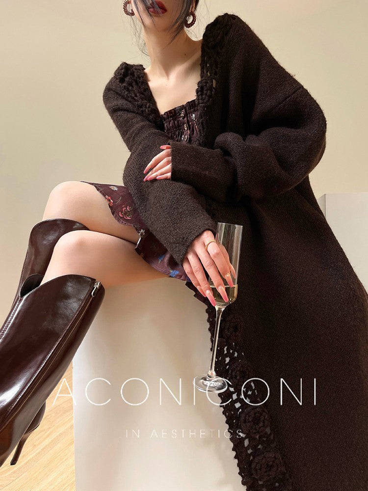 Aconiconi|Camellia Hollow Flower Wool Knit Cardigan