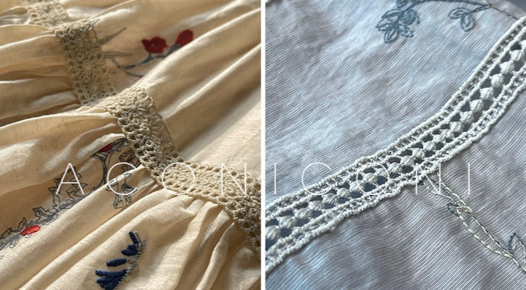 Aconiconi|Blue Hibiscus  Embroidery Linen Dress