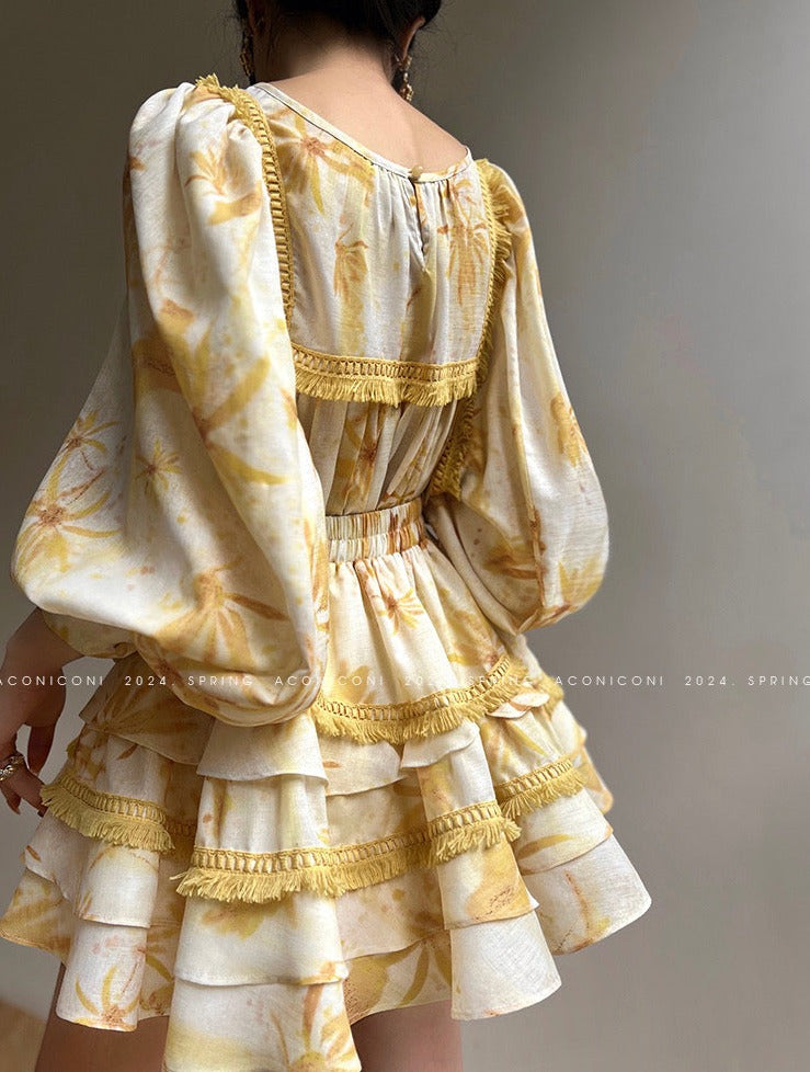 Aconiconi|Mustard Flower ruffled skirt suit