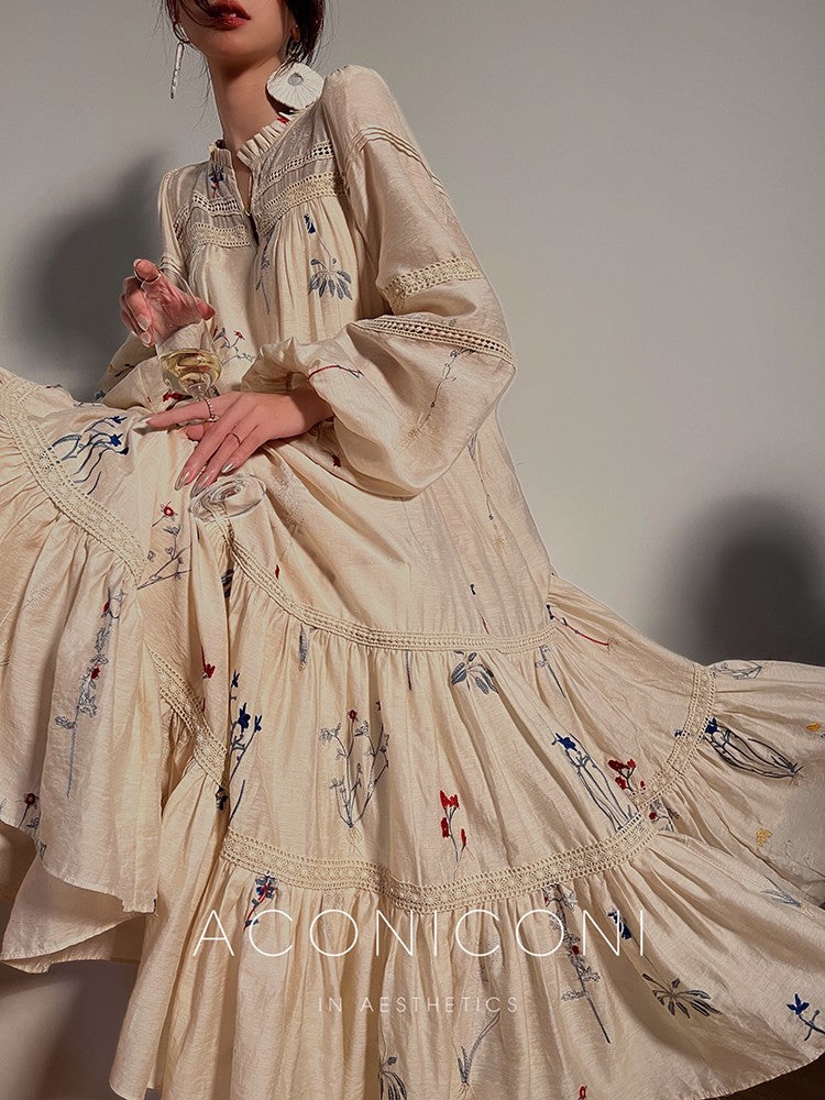Aconiconi|Blue Hibiscus  Embroidery Linen Dress