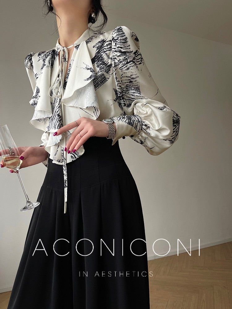 Aconiconi|French Printing Imitation Retro Ruffle Shirt Top