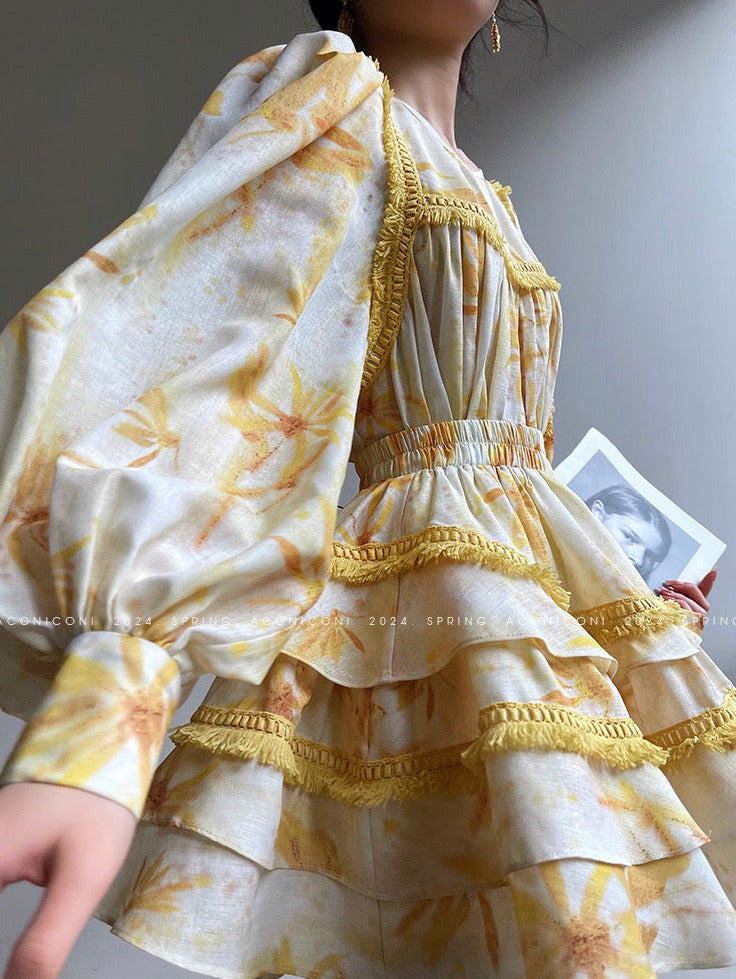 Aconiconi|Mustard Flower ruffled skirt suit