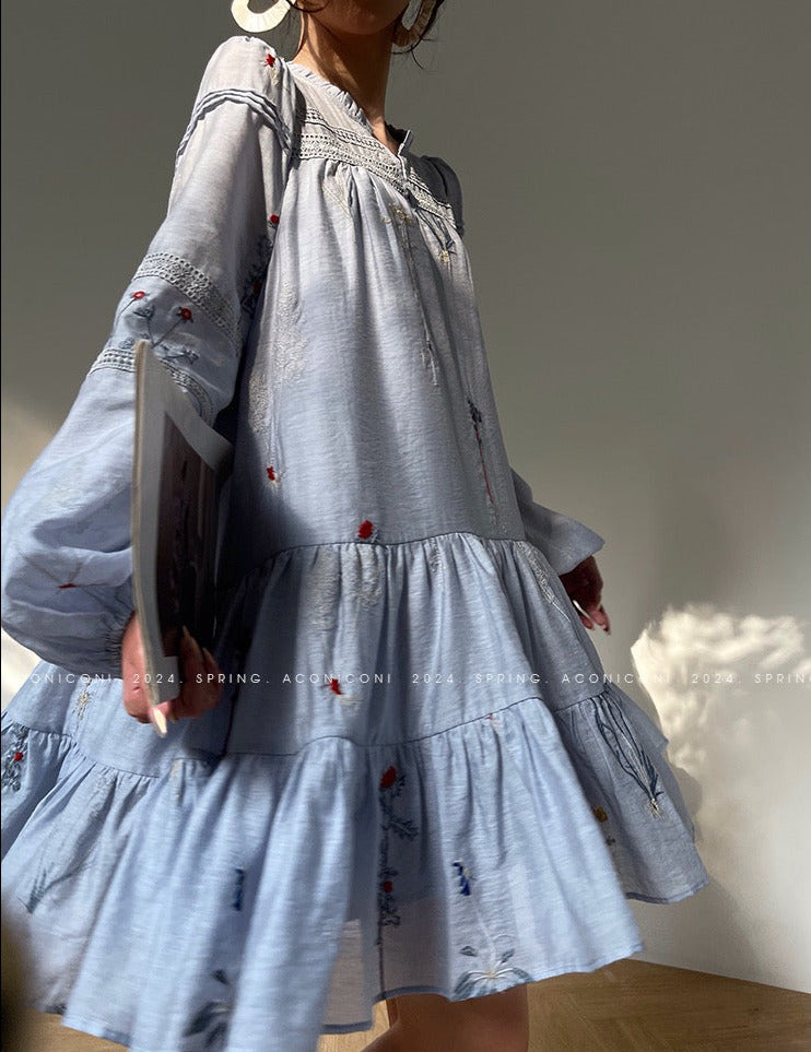 Aconiconi|Blue Hibiscus  Embroidery Linen Dress