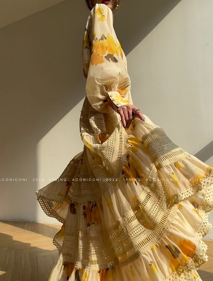 Aconiconi|Lemon Blossom Printed Lace Skirt Suit