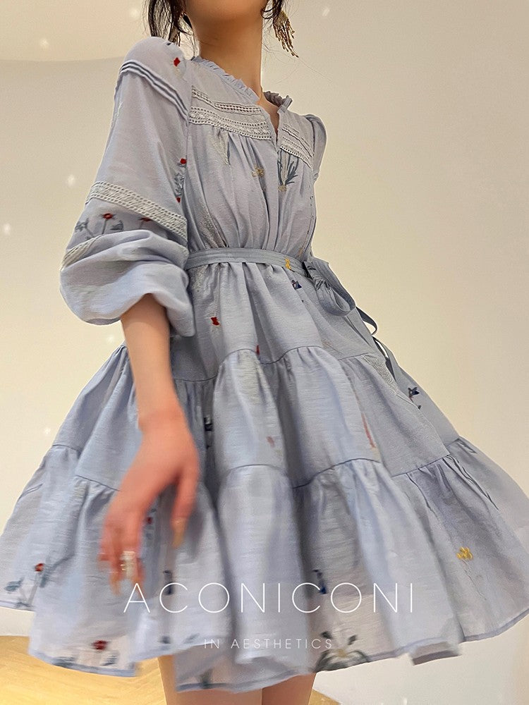 Aconiconi|Blue Hibiscus  Embroidery Linen Dress