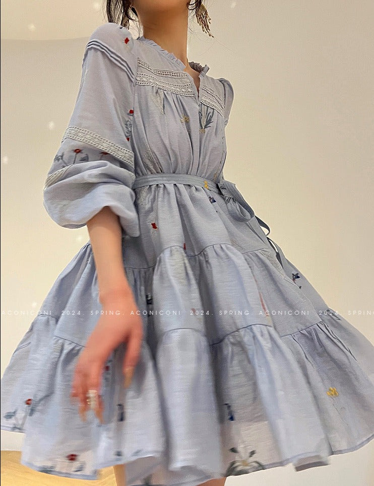 Aconiconi|Blue Hibiscus  Embroidery Linen Dress