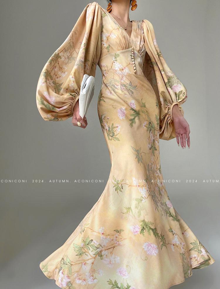 Aconiconi|Luminous Petals Retro Slim Waist Dress