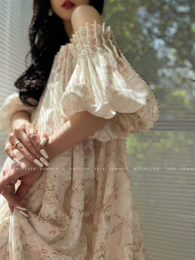Aconiconi| French Retro Print Off-Shoulder Long Dress