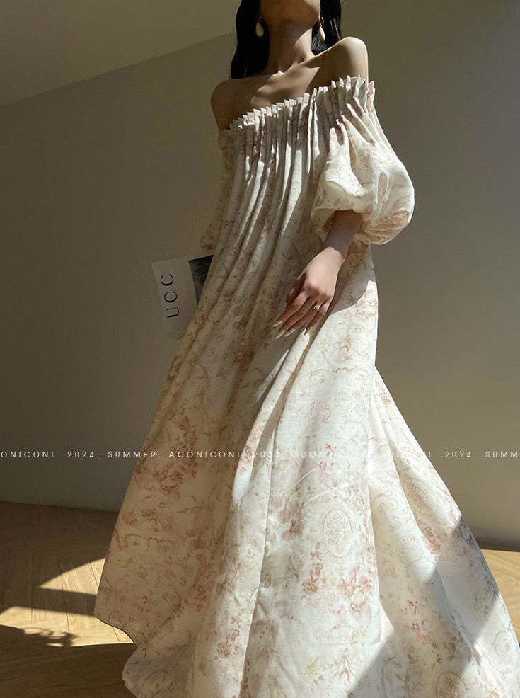 Aconiconi| French Retro Print Off-Shoulder Long Dress