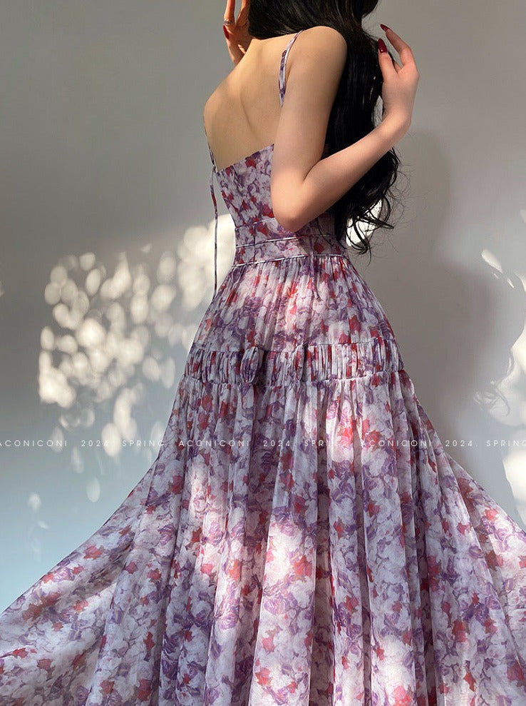 Aconiconi|Purple Hibiscus Vine Romantic Long Dress