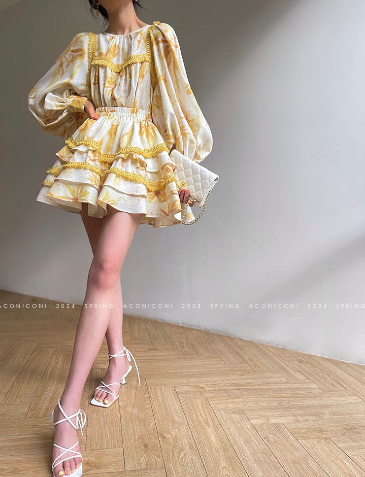 Aconiconi|Mustard Flower ruffled skirt suit