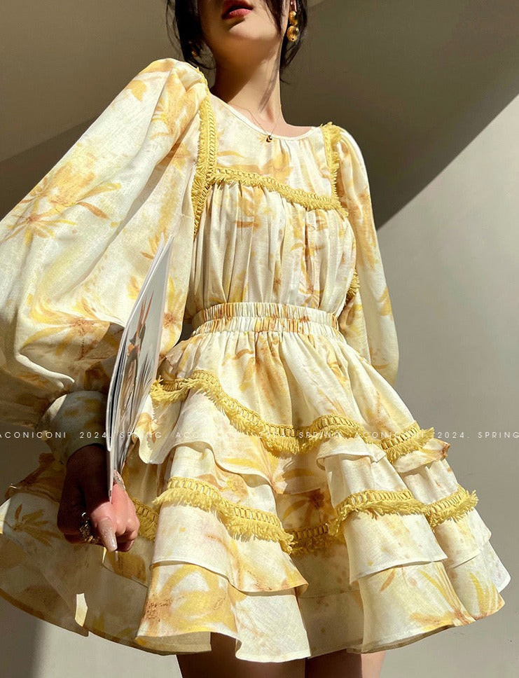 Aconiconi|Mustard Flower ruffled skirt suit