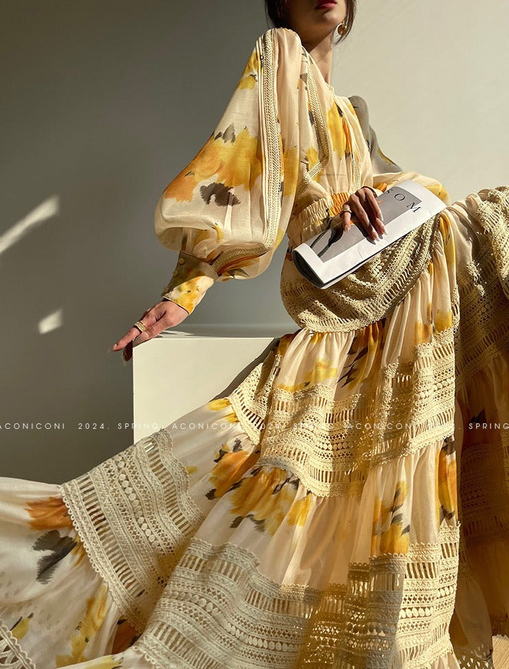 Aconiconi|Lemon Blossom Printed Lace Skirt Suit