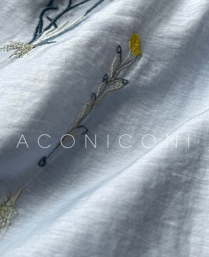 Aconiconi|Blue Hibiscus  Embroidery Linen Dress