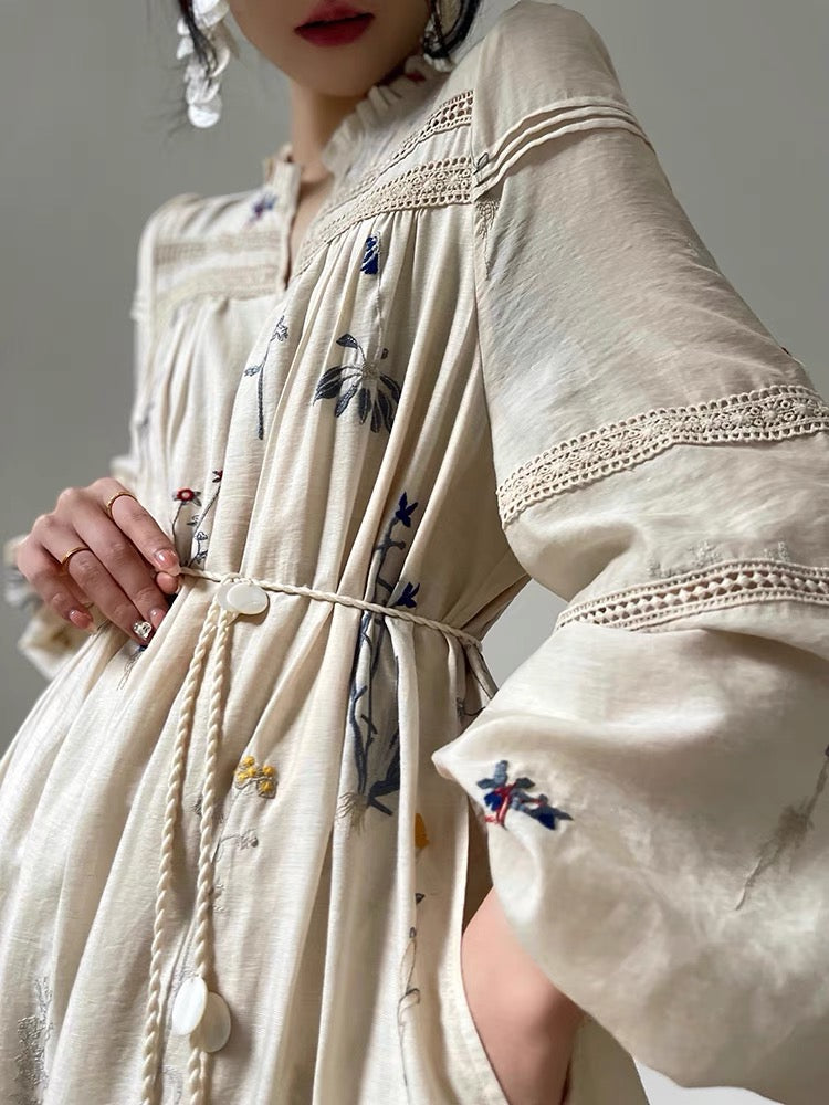 Aconiconi|Blue Hibiscus  Embroidery Linen Dress