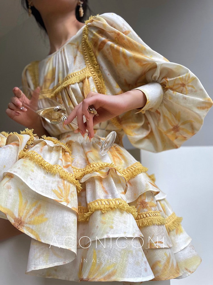 Aconiconi|Mustard Flower ruffled skirt suit