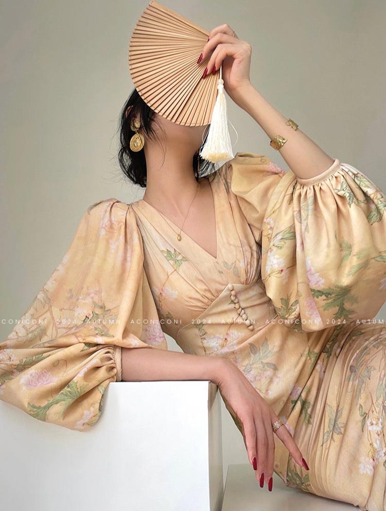 Aconiconi|Luminous Petals Retro Slim Waist Dress