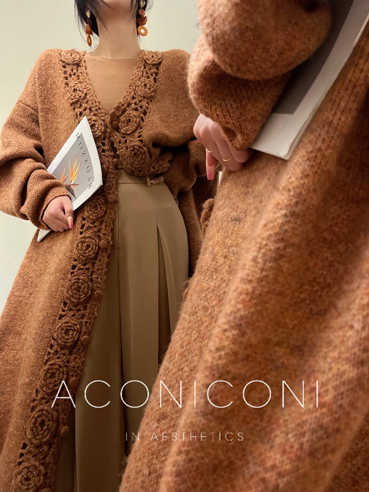 Aconiconi|Camellia Hollow Flower Wool Knit Cardigan
