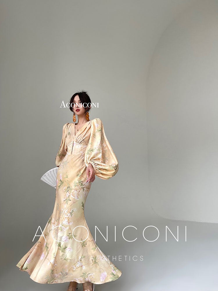 Aconiconi|Luminous Petals Retro Slim Waist Dress