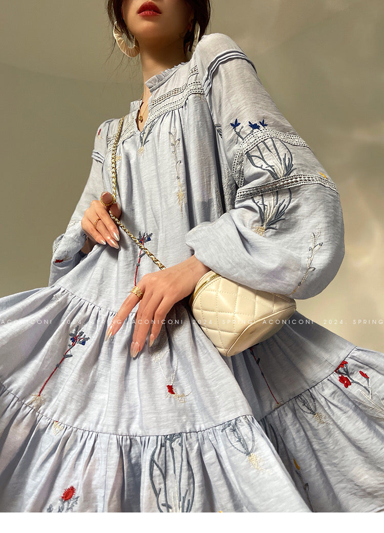 Aconiconi|Blue Hibiscus  Embroidery Linen Dress
