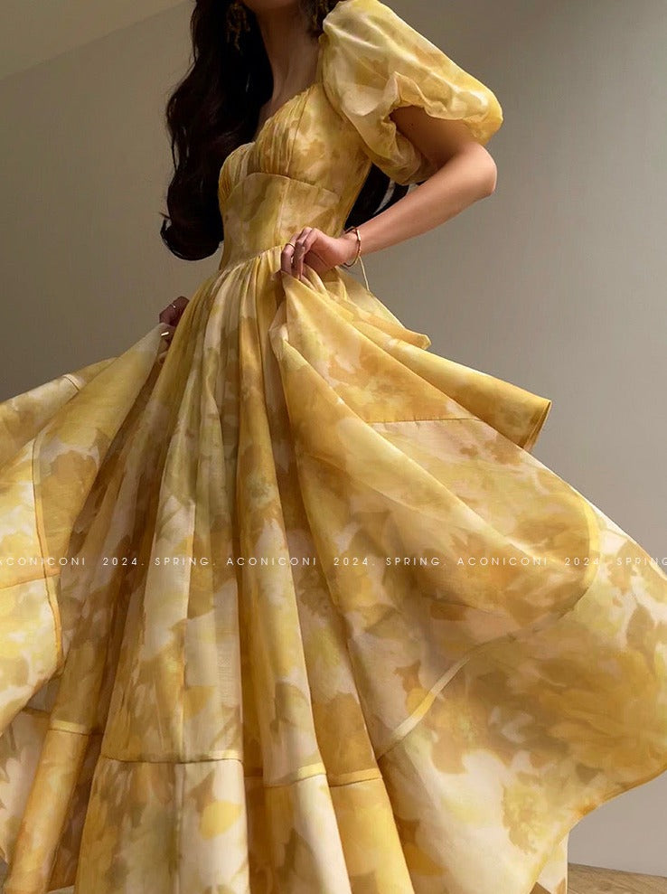 Aconiconi|Midsummer Citron Puff Sleeve Elegant Dress