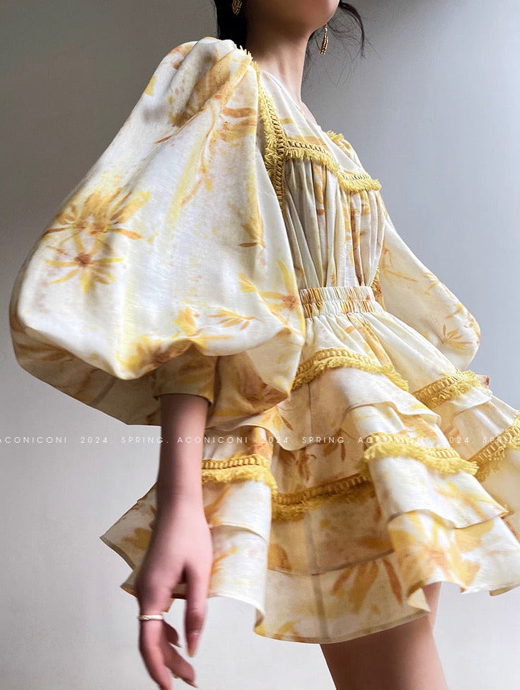 Aconiconi|Mustard Flower ruffled skirt suit