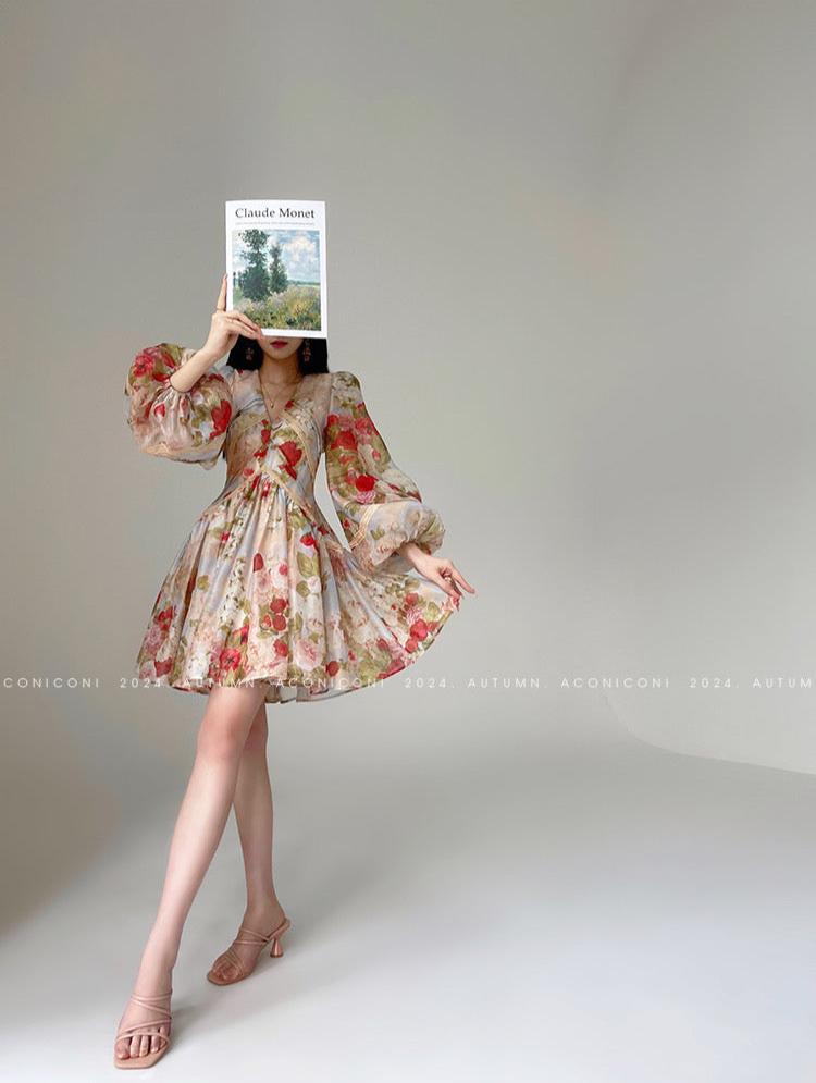 Aconiconi|Misty Rose Long Sleeve Short Dress