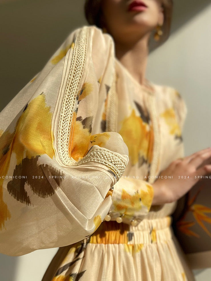 Aconiconi|Lemon Blossom Printed Lace Skirt Suit