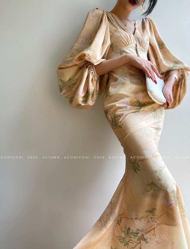 Aconiconi|Luminous Petals Retro Slim Waist Dress