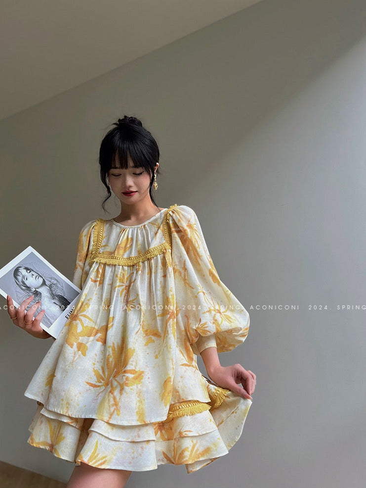 Aconiconi|Mustard Flower ruffled skirt suit