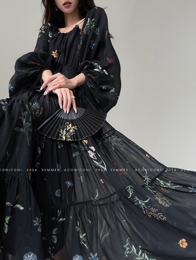 Aconiconi|Velvet Blossom Long Sleeve Dress