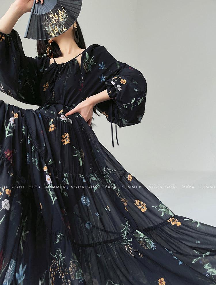 Aconiconi|Velvet Blossom Long Sleeve Dress