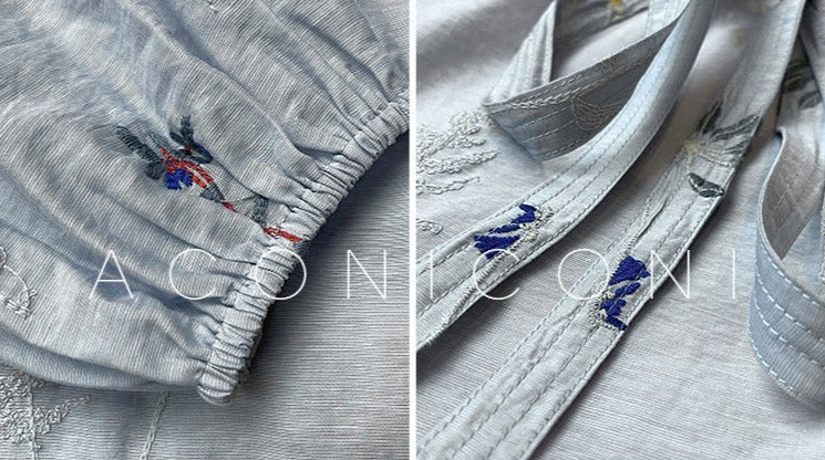 Aconiconi|Blue Hibiscus  Embroidery Linen Dress