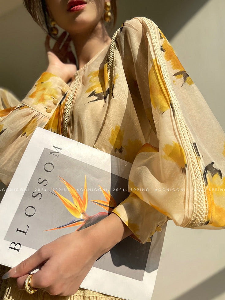 Aconiconi|Lemon Blossom Printed Lace Skirt Suit