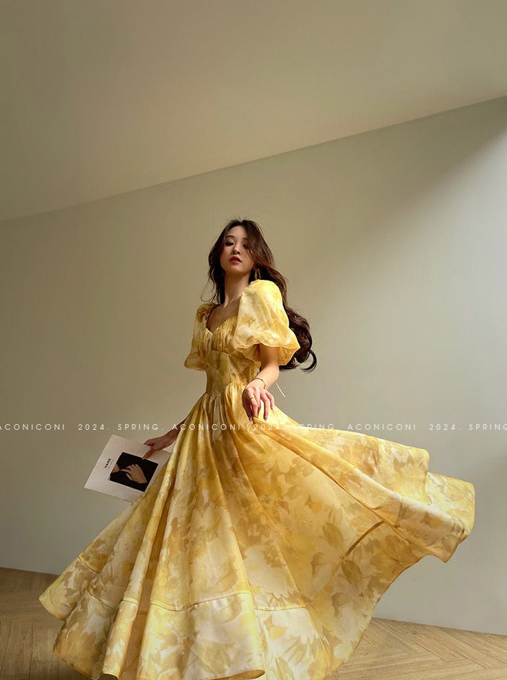 Aconiconi|Midsummer Citron Puff Sleeve Elegant Dress