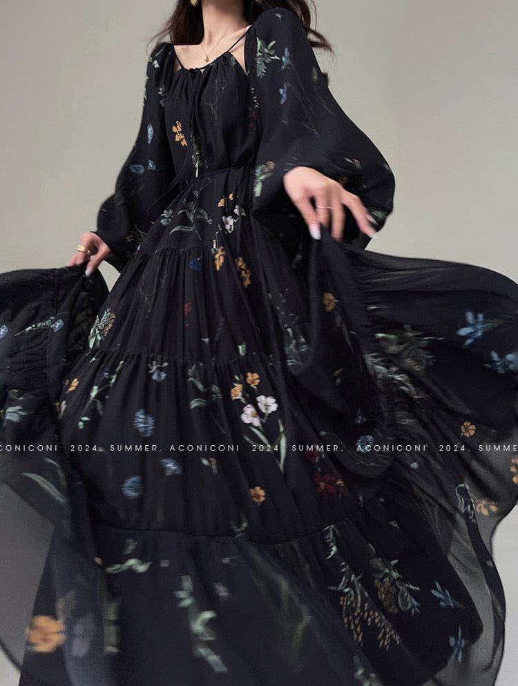 Aconiconi|Velvet Blossom Long Sleeve Dress