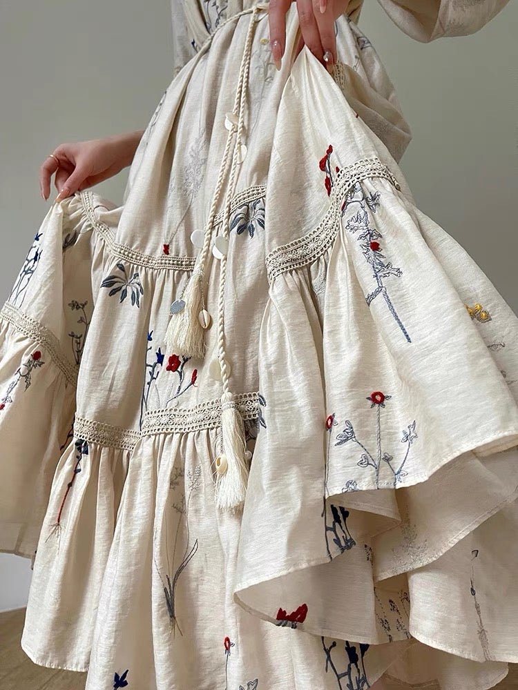 Aconiconi|Blue Hibiscus  Embroidery Linen Dress
