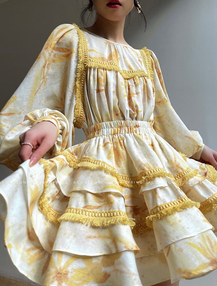 Aconiconi|Mustard Flower ruffled skirt suit