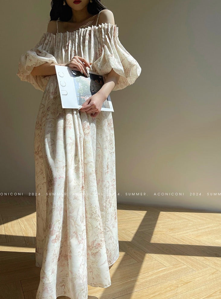 Aconiconi| French Retro Print Off-Shoulder Long Dress