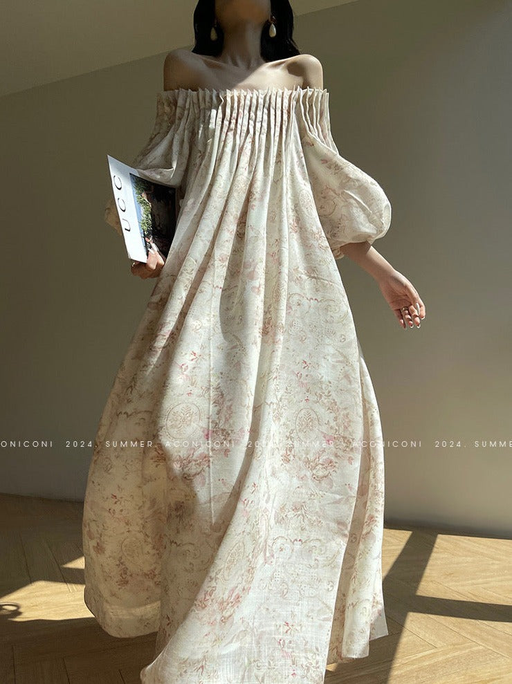 Aconiconi| French Retro Print Off-Shoulder Long Dress