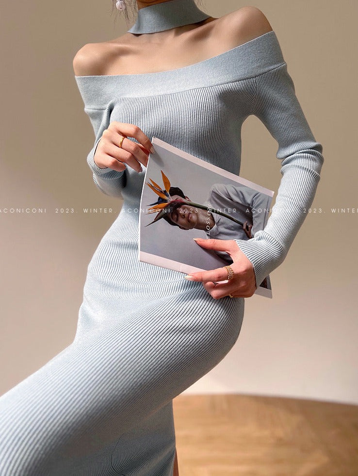 Aconiconi|Sky Blue Temperament Knitted Dress