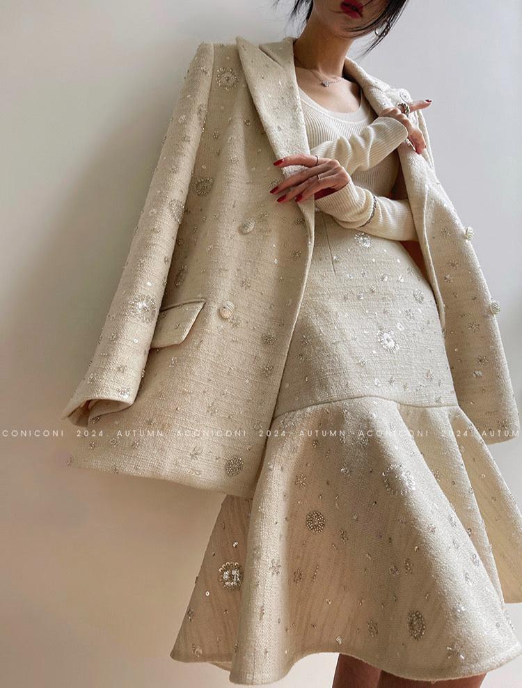 Aconiconi| Sand Star Wool Retro Tweed Skirt Suit