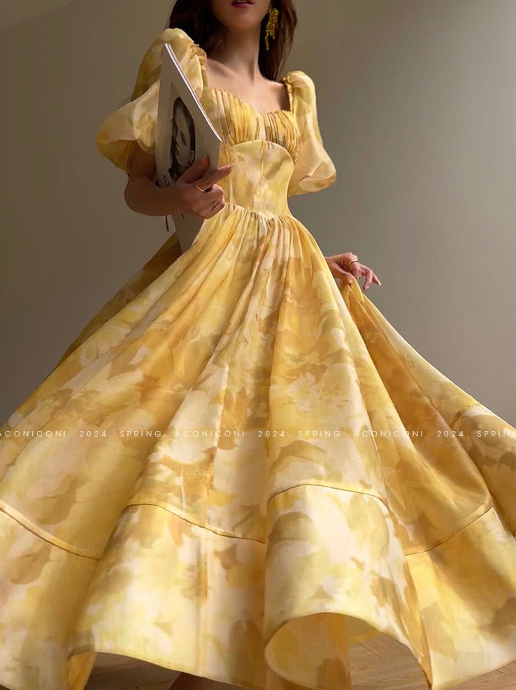 Aconiconi|Midsummer Citron Puff Sleeve Elegant Dress