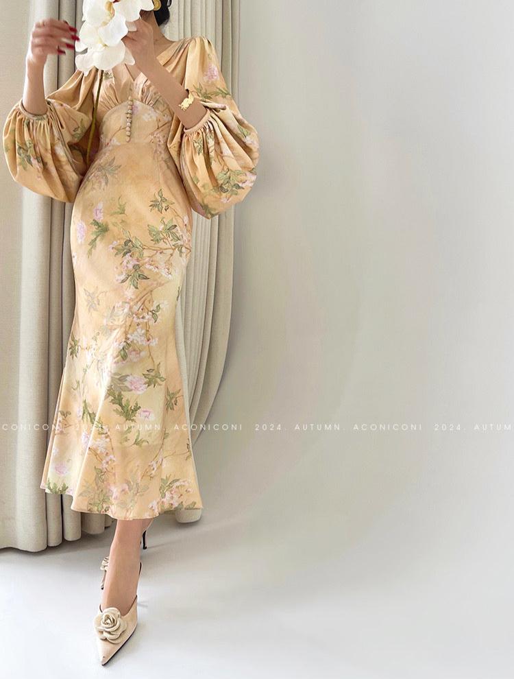 Aconiconi|Luminous Petals Retro Slim Waist Dress