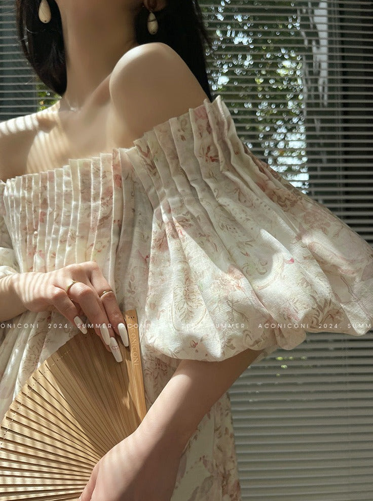 Aconiconi| French Retro Print Off-Shoulder Long Dress