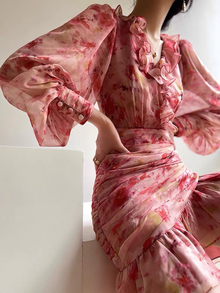 Aconiconi | Vivid Floral V-neck Ruffle Dress