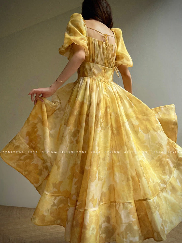 Aconiconi|Midsummer Citron Puff Sleeve Elegant Dress