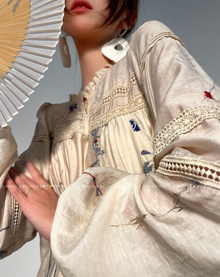Aconiconi|Blue Hibiscus  Embroidery Linen Dress