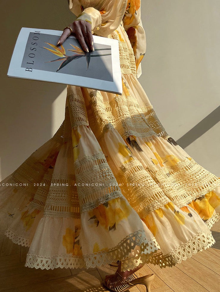 Aconiconi|Lemon Blossom Printed Lace Skirt Suit